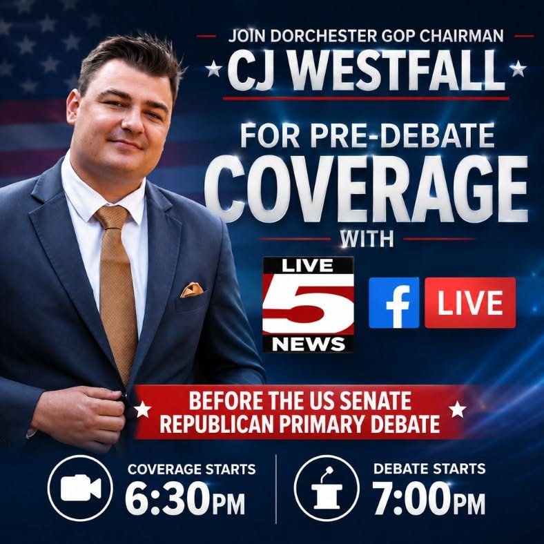Pre-debate coverage announcement graphic with DCRP Chairman CJ Westfall